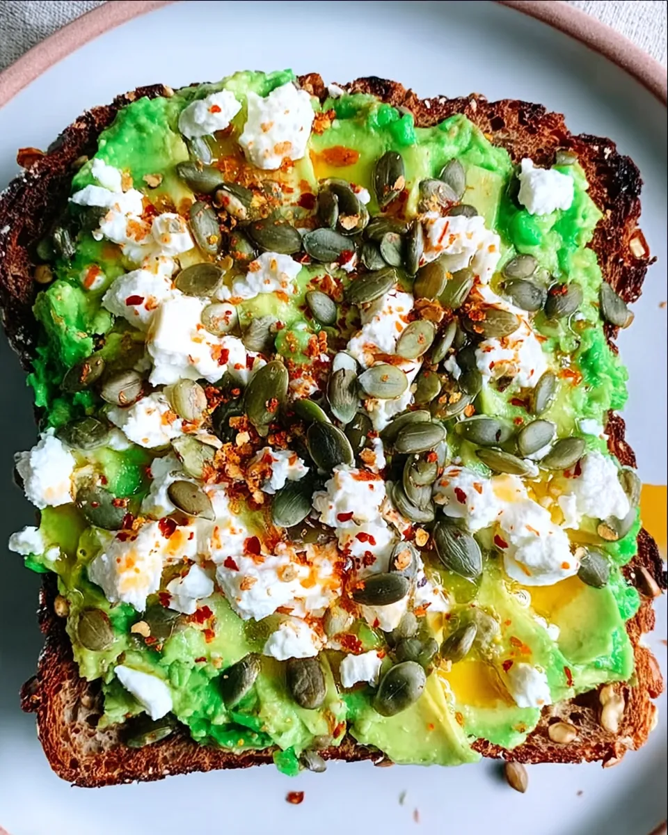 Avocado Feta Toast plated on rustic kitchen table