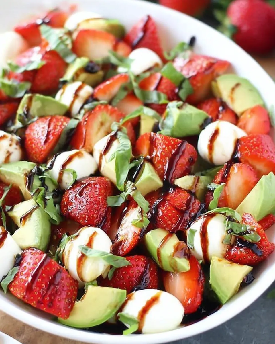 serving avocado strawberry caprese salad