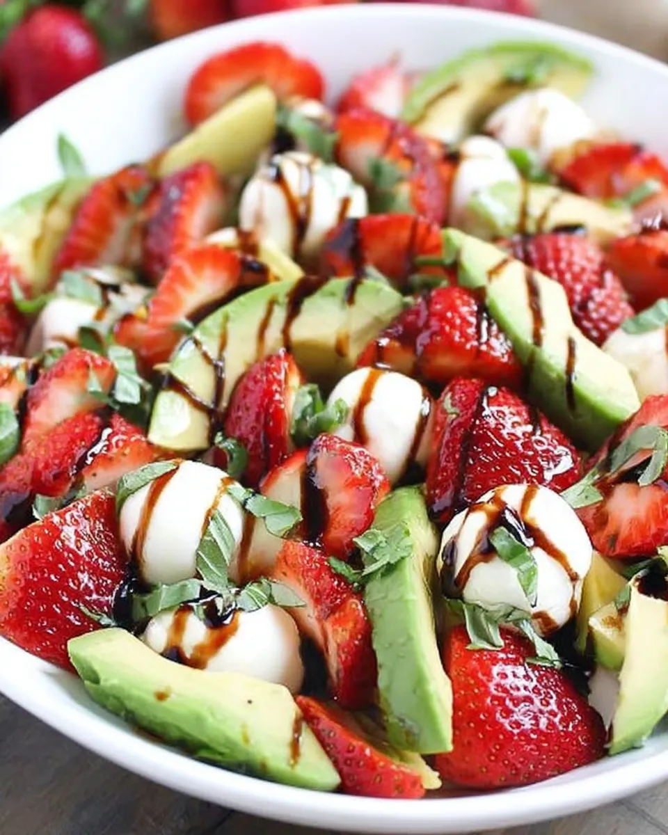 Avocado strawberry caprese salad with mozzarella, basil, and balsamic glaze