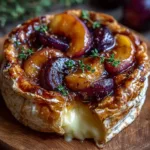 Melty baked brie topped with roasted plums and fresh thyme on a rustic platter