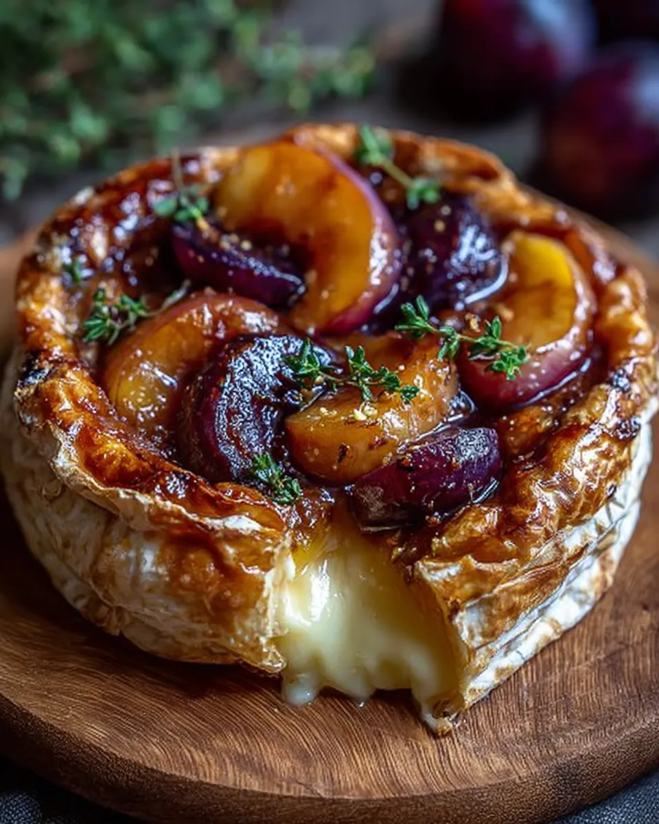 Melty baked brie topped with roasted plums and fresh thyme on a rustic platter