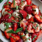Fresh strawberry Caprese salad with mozzarella, basil, and balsamic drizzle on a white plate
