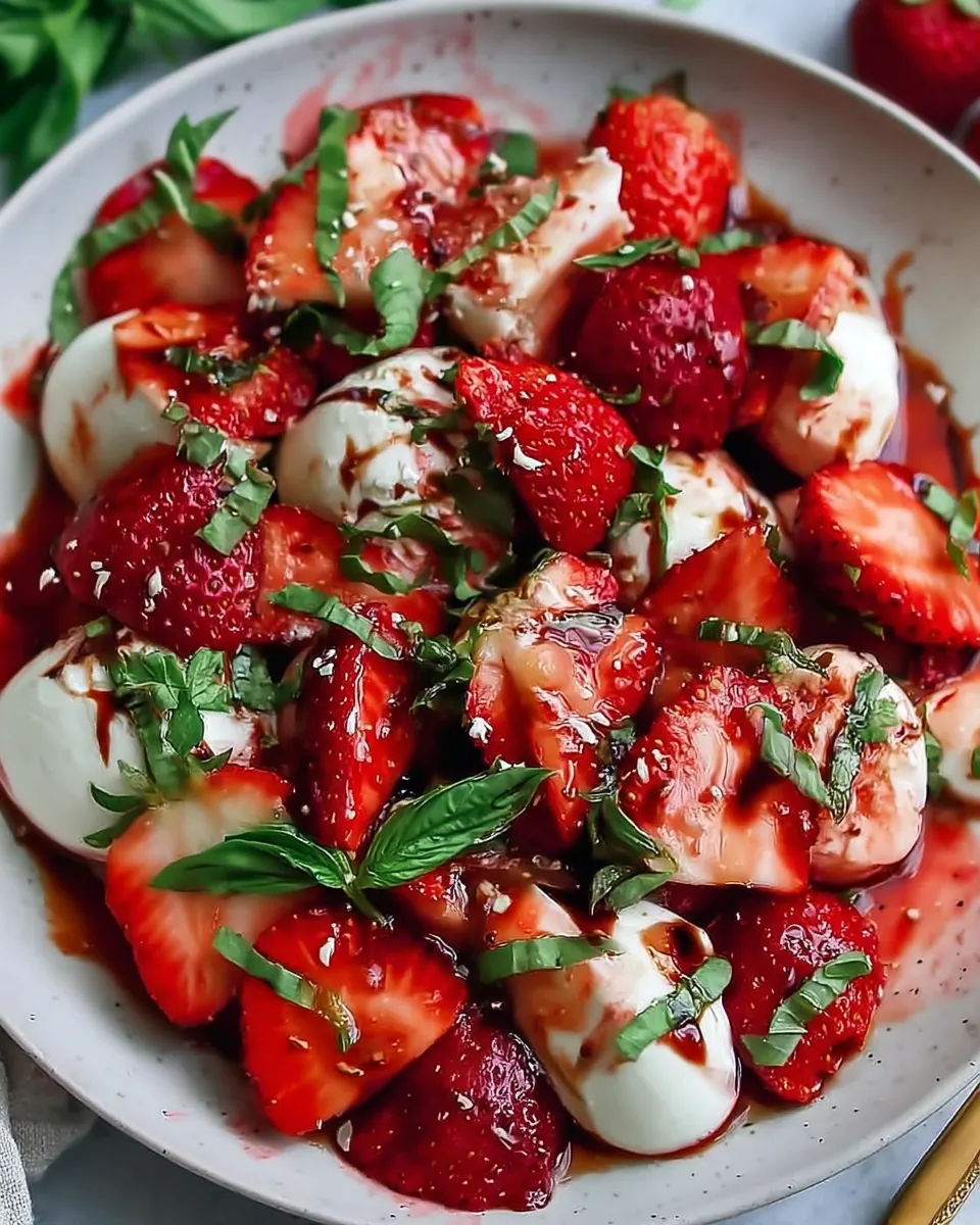 Fresh strawberry Caprese salad with mozzarella, basil, and balsamic drizzle on a white plate
