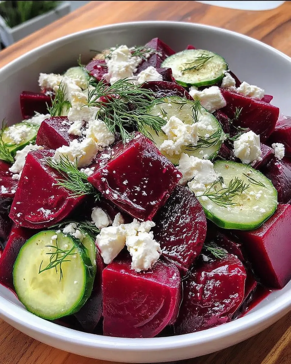 Beet salad with crumbled feta, sliced cucumbers, and fresh dill on a white plate