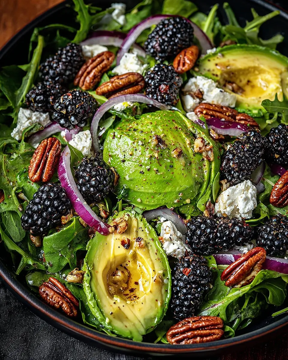Fresh blackberry and avocado salad with baby greens and lemon vinaigrette in a bowl