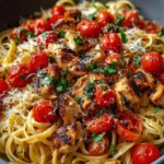 Bowl of bruschetta chicken pasta with cherry tomatoes, fresh basil, and grilled chicken