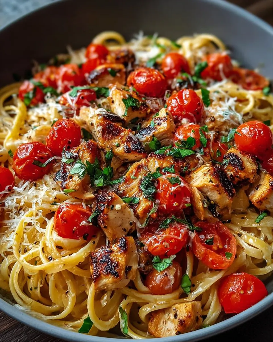 Bowl of bruschetta chicken pasta with cherry tomatoes, fresh basil, and grilled chicken