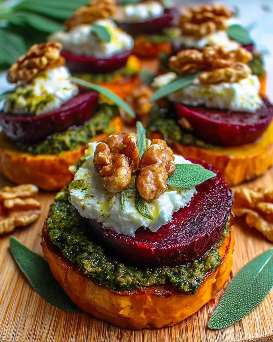 Served beet and burrata sweet potato stacks