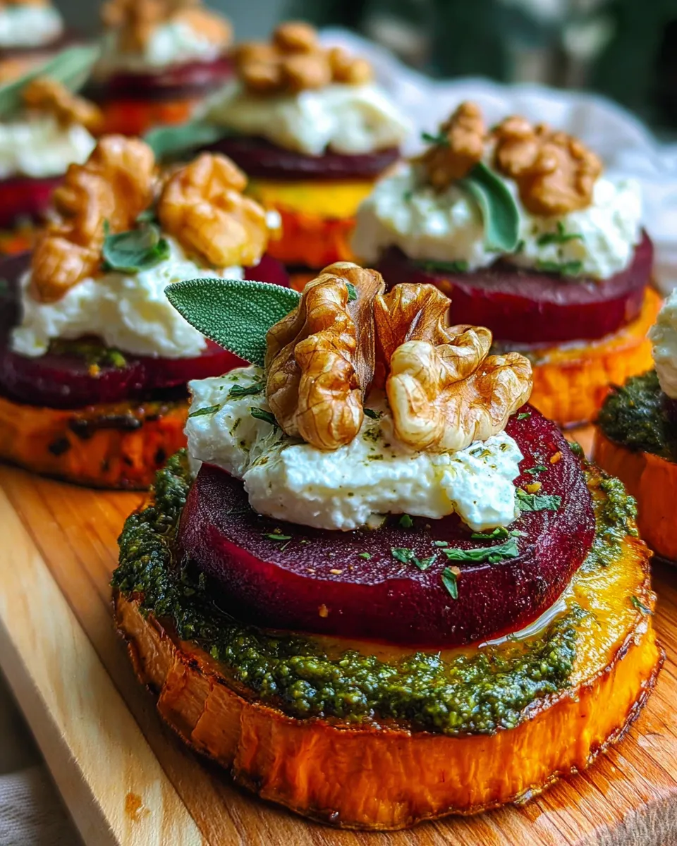 Sweet potato rounds stacked with roasted beets and burrata cheese, garnished with herbs
