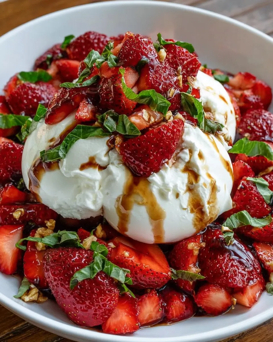 plating burrata strawberry caprese salad