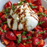 fresh burrata strawberry caprese salad in white bowl with basil