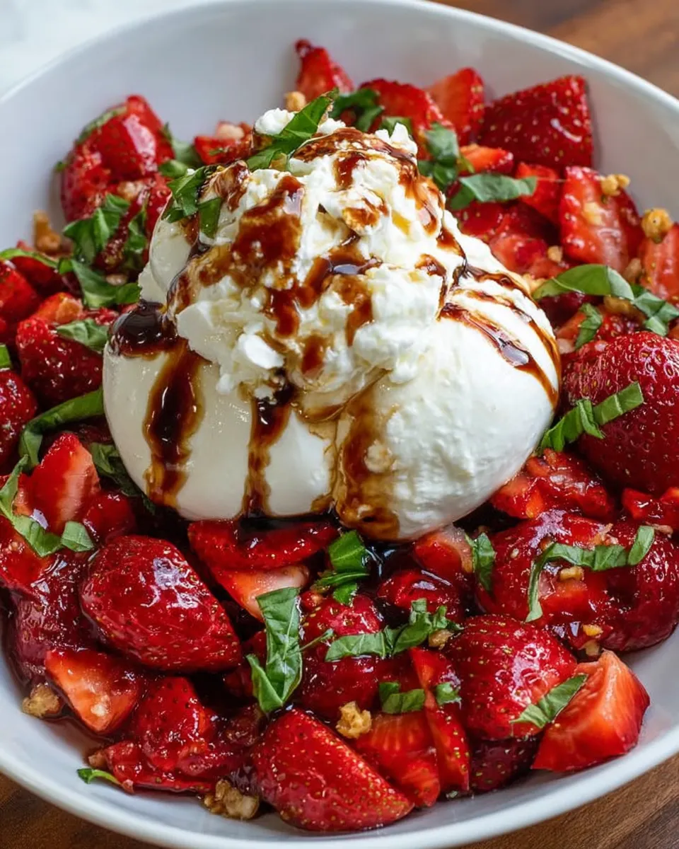 fresh burrata strawberry caprese salad in white bowl with basil