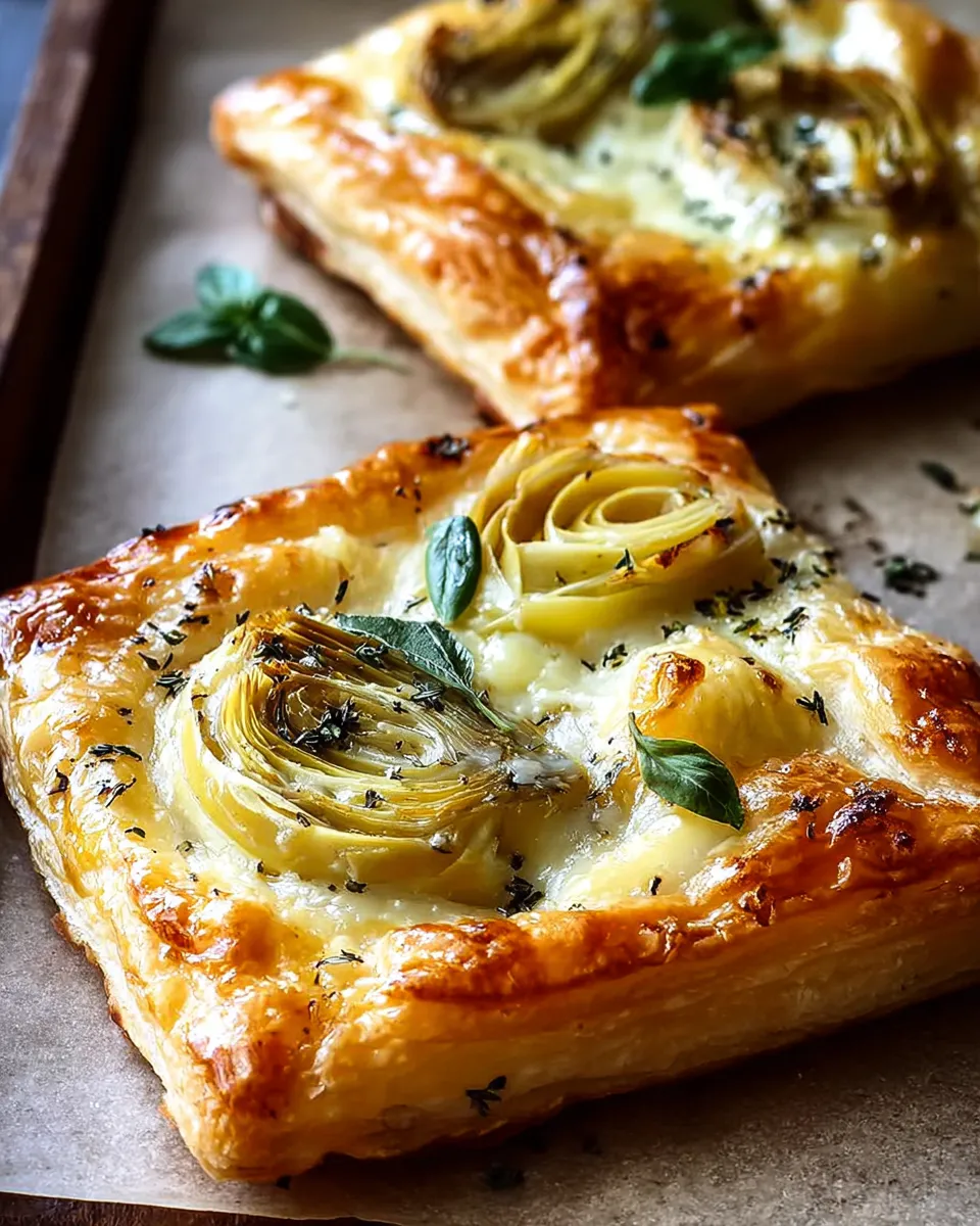 Served cheesy puff pastry with herbs and artichokes alongside a fresh salad