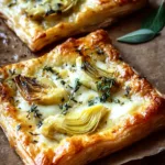Golden puff pastry topped with melted cheese, artichokes, and fresh herbs on parchment paper