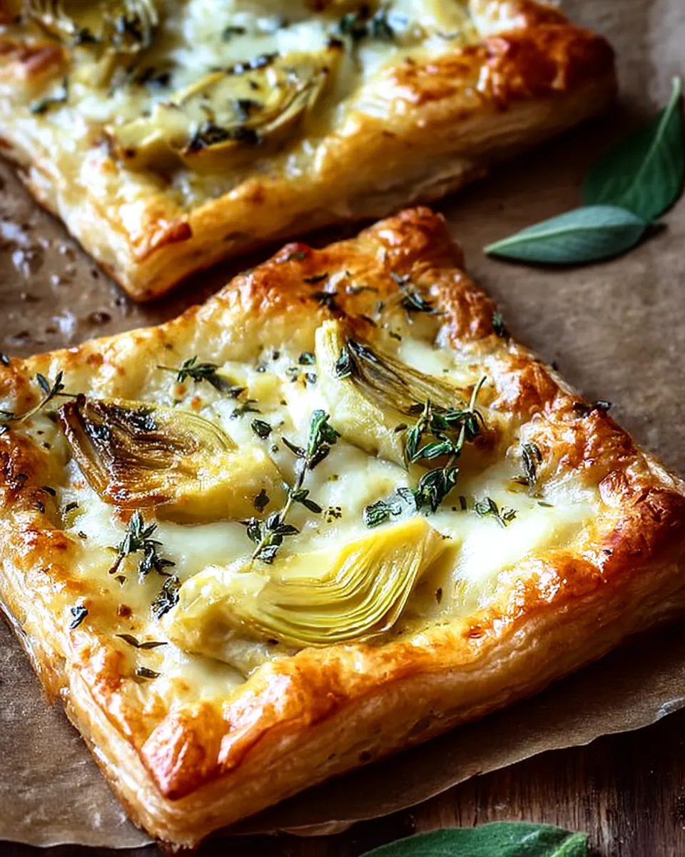 Golden puff pastry topped with melted cheese, artichokes, and fresh herbs on parchment paper