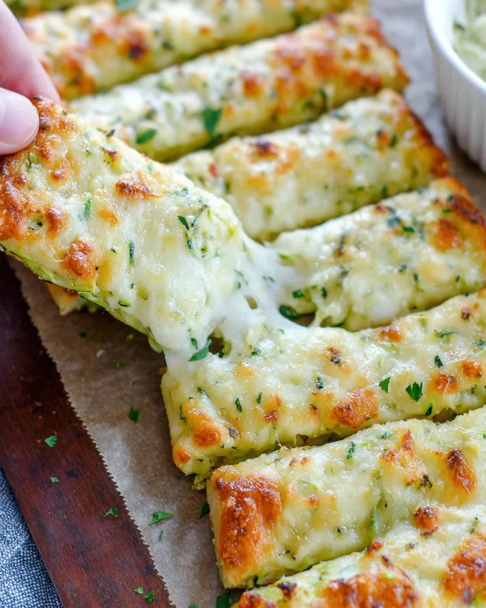 Cheesy zucchini breadsticks on wooden board