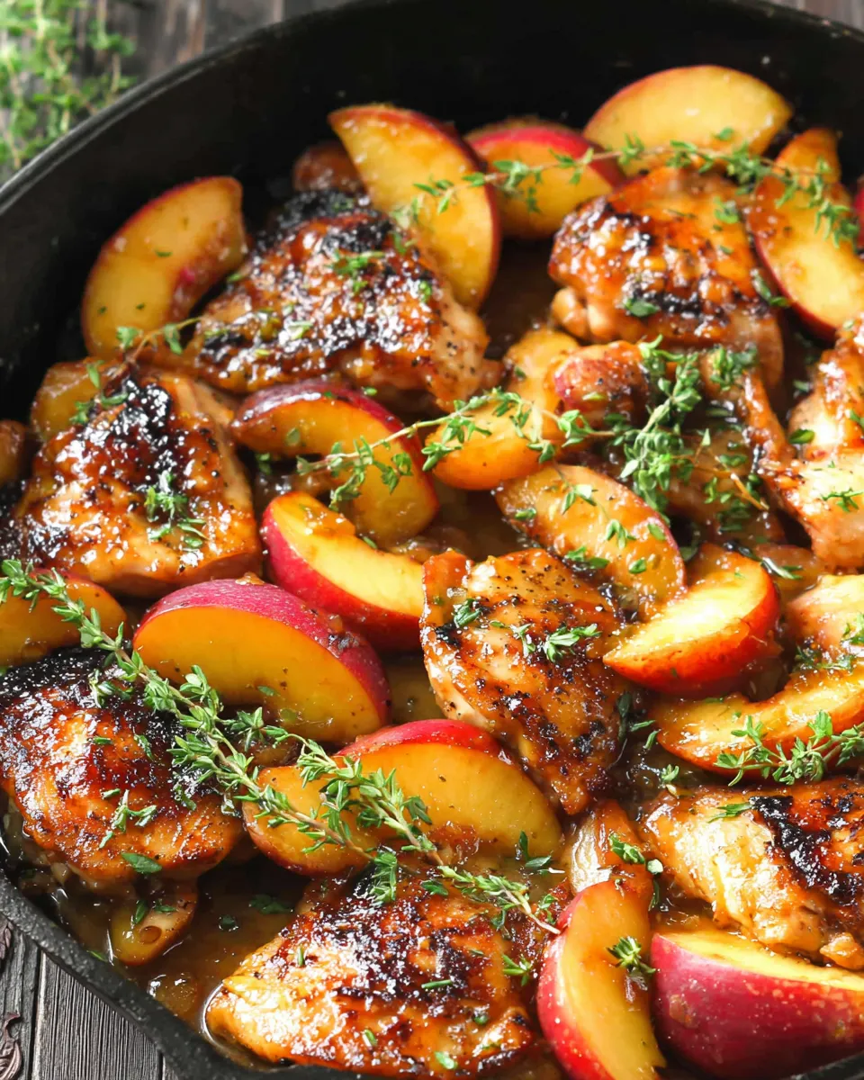 Chicken with peaches and thyme-infused honey-lemon sauce