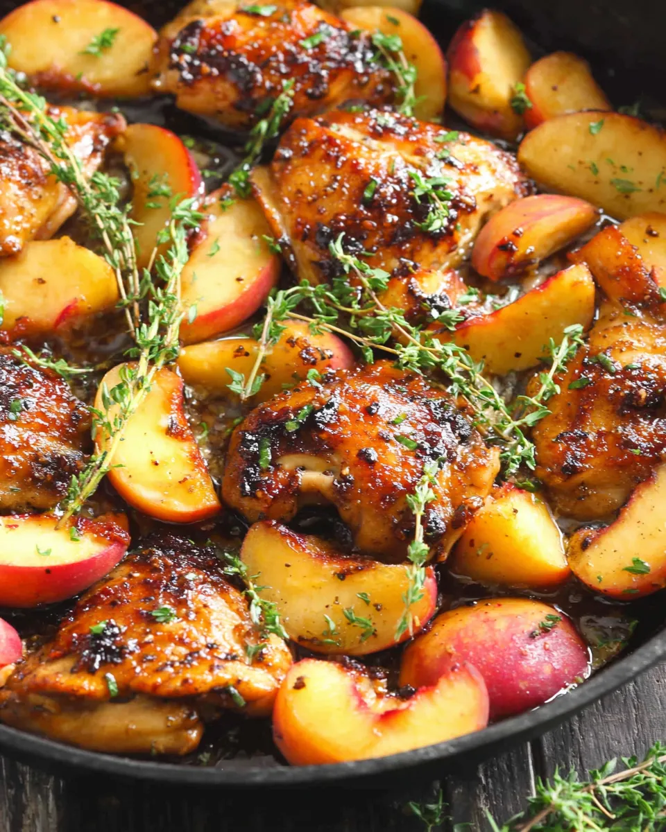 Chicken with peaches and thyme-infused honey-lemon sauce