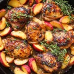 Chicken breasts glazed with honey lemon thyme sauce and topped with caramelized peaches