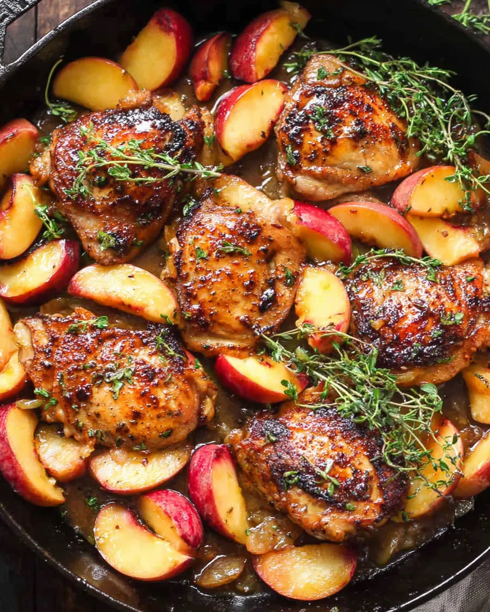 Chicken breasts glazed with honey lemon thyme sauce and topped with caramelized peaches