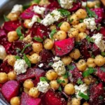 Chickpea, beet, and feta salad served in a white bowl with fresh herbs
