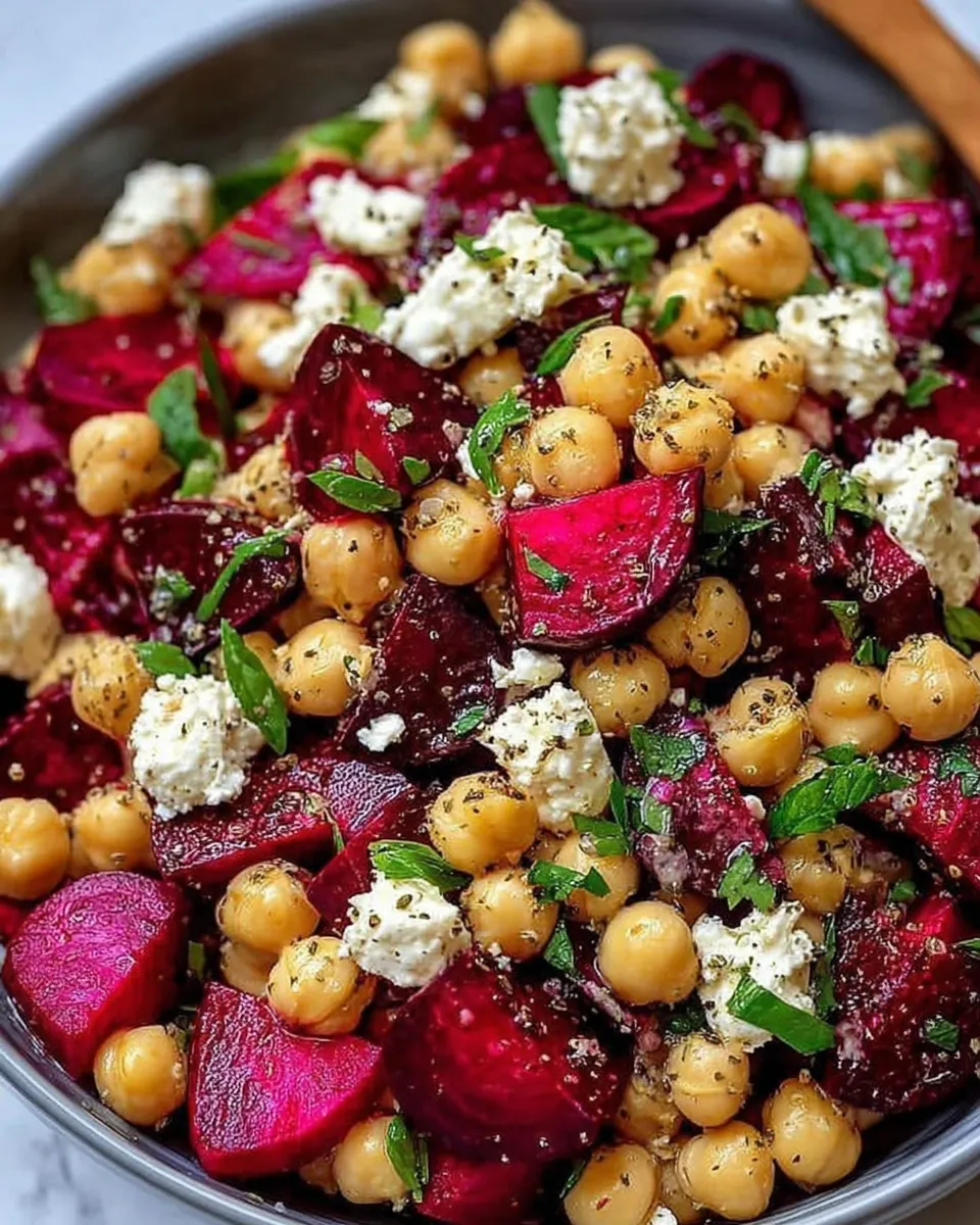 Chickpea, beet, and feta salad served in a white bowl with fresh herbs