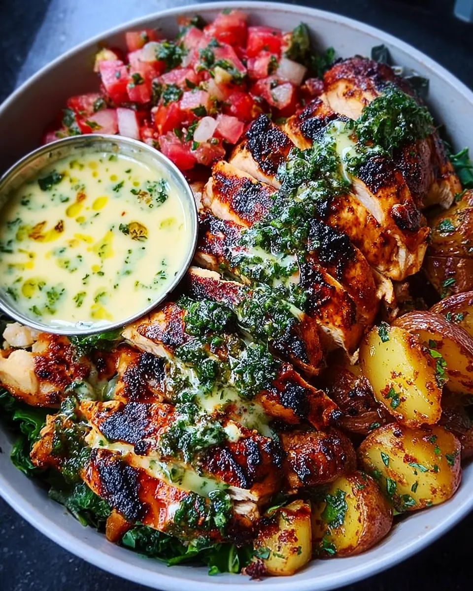 Chimichurri chicken bowl served with garlic yogurt drizzle
