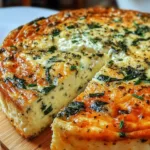 Crustless quiche with spinach and cottage cheese, sliced and served on a white plate