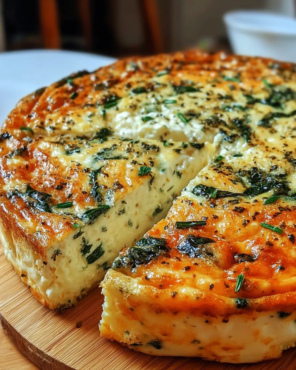 Crustless quiche with spinach and cottage cheese, sliced and served on a white plate