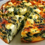 Sliced cottage cheese and spinach crustless quiche on a plate with herbs