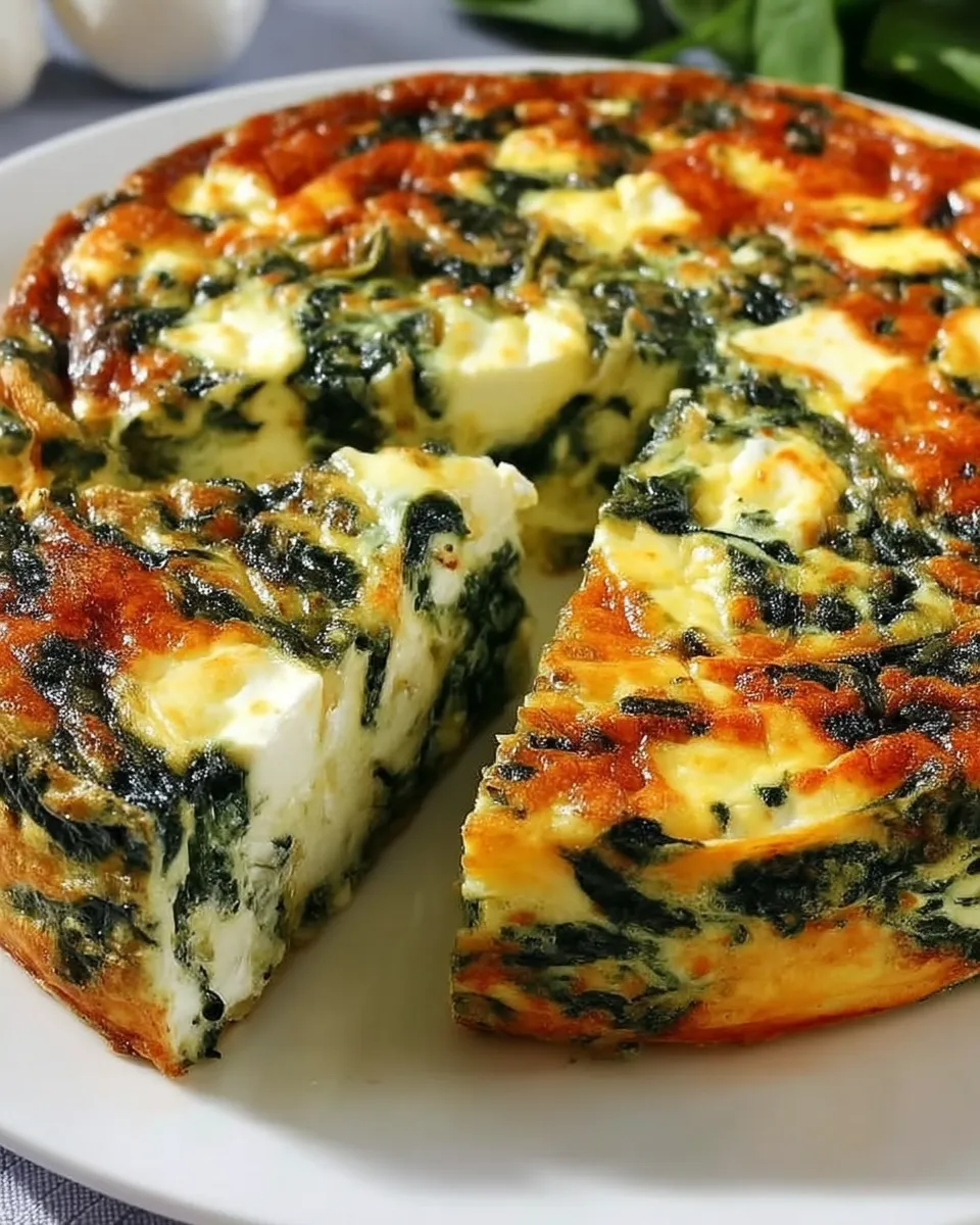 Sliced cottage cheese and spinach crustless quiche on a plate with herbs