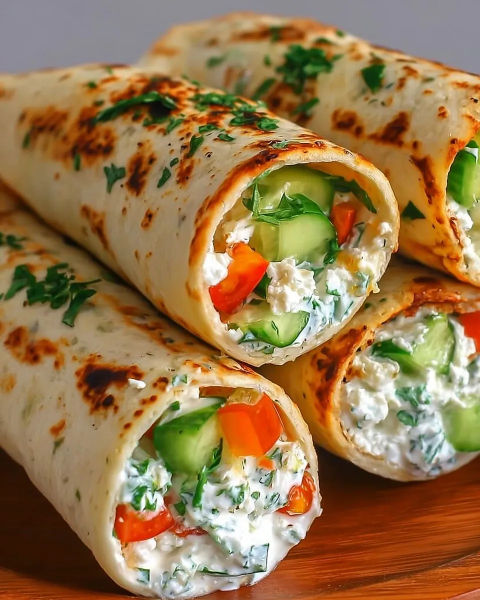 Fresh cucumber cottage cheese wraps sliced into pinwheels and served on a plate with herbs
