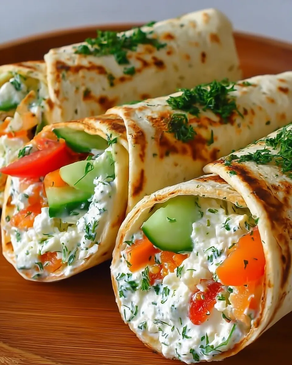 Fresh cucumber cottage cheese wraps sliced into pinwheels and served on a plate with herbs