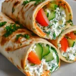 Fresh cucumber cottage cheese wraps sliced into pinwheels and served on a plate with herbs