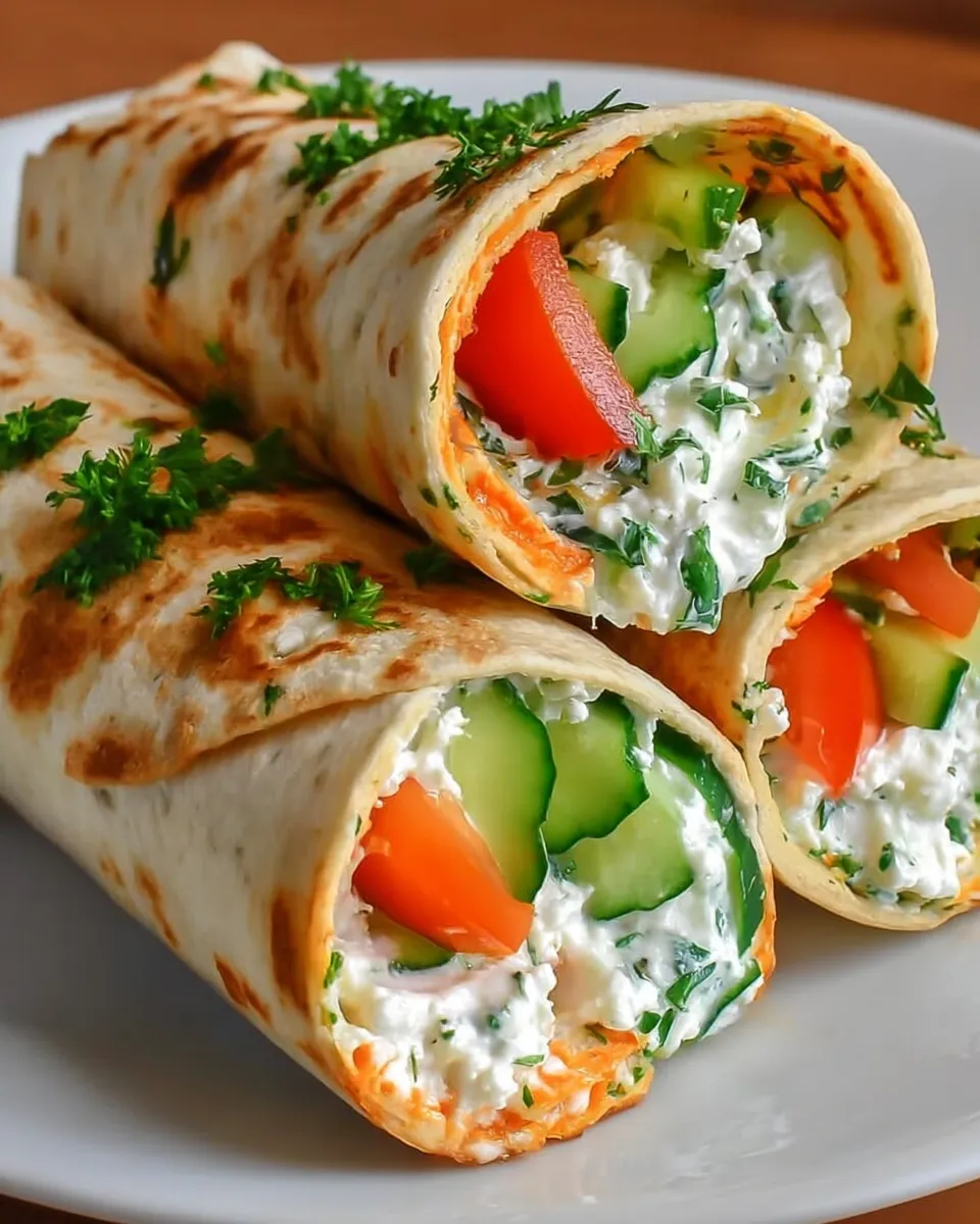 Fresh cucumber cottage cheese wraps sliced into pinwheels and served on a plate with herbs