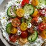 Bowl of cottage cheese topped with cucumber slices and cherry tomatoes