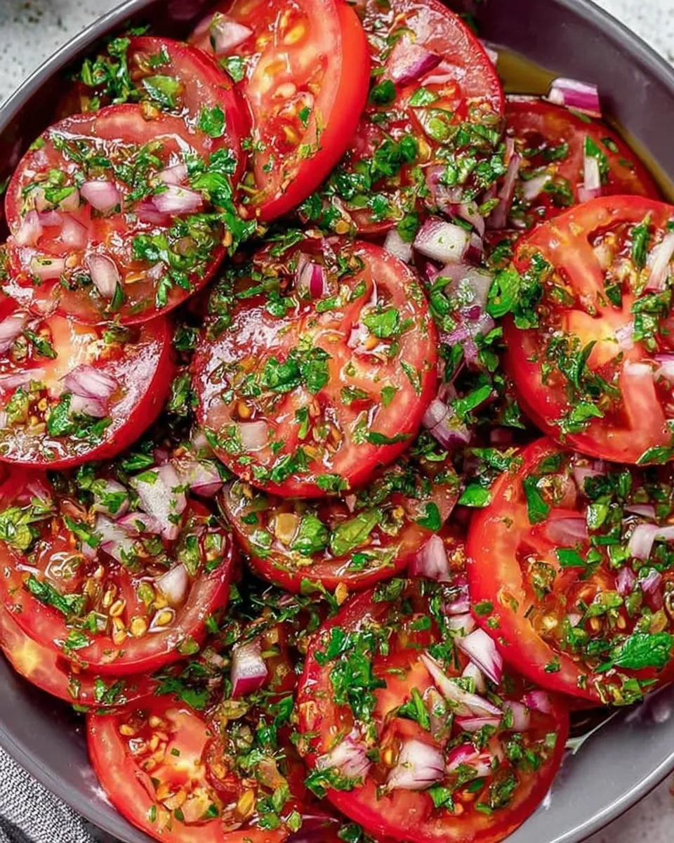 Marinated tomato salad with fresh herbs in a white bowl