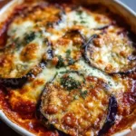 Baked eggplant Parmesan with layers of crispy eggplant, marinara, and melted cheese in a casserole dish