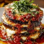 Crispy baked eggplant layered with marinara and melted cheese in a white baking dish
