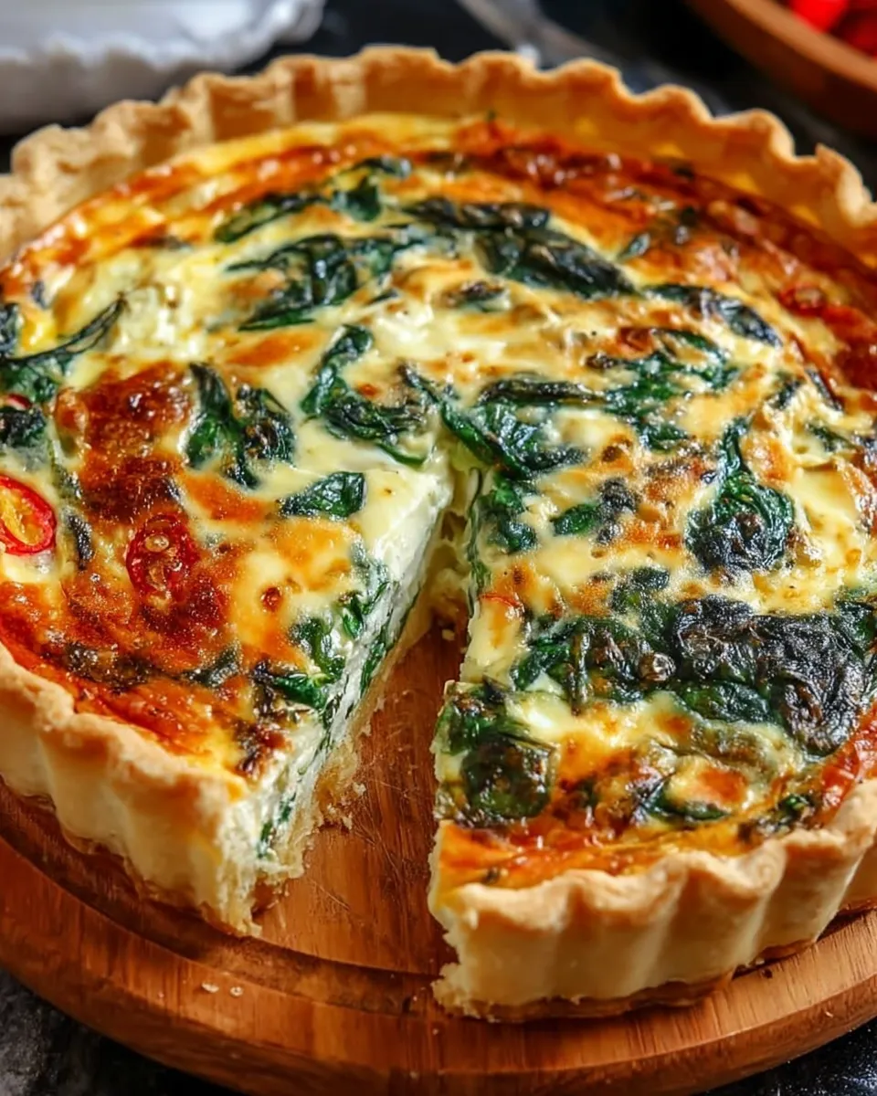 Baked Ricotta and Spinach Quiche in pie dish