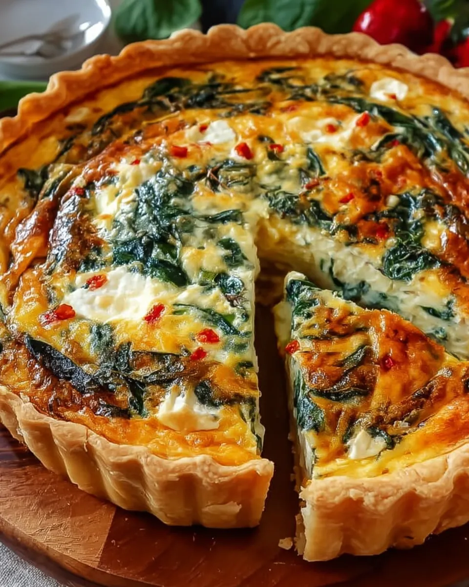 Ricotta and spinach quiche baked to golden perfection with herbs on top