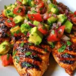 Grilled lime chicken breast topped with chunky avocado salsa on a plate with cilantro garnish