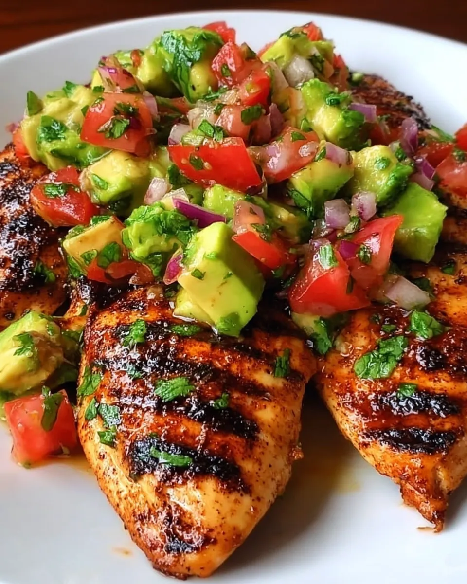 Grilled lime chicken breast topped with chunky avocado salsa on a plate with cilantro garnish