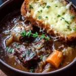 Bowl of French onion short rib soup topped with melted Gruyère cheese toast and fresh herbs, captured in warm, natural lighting.
