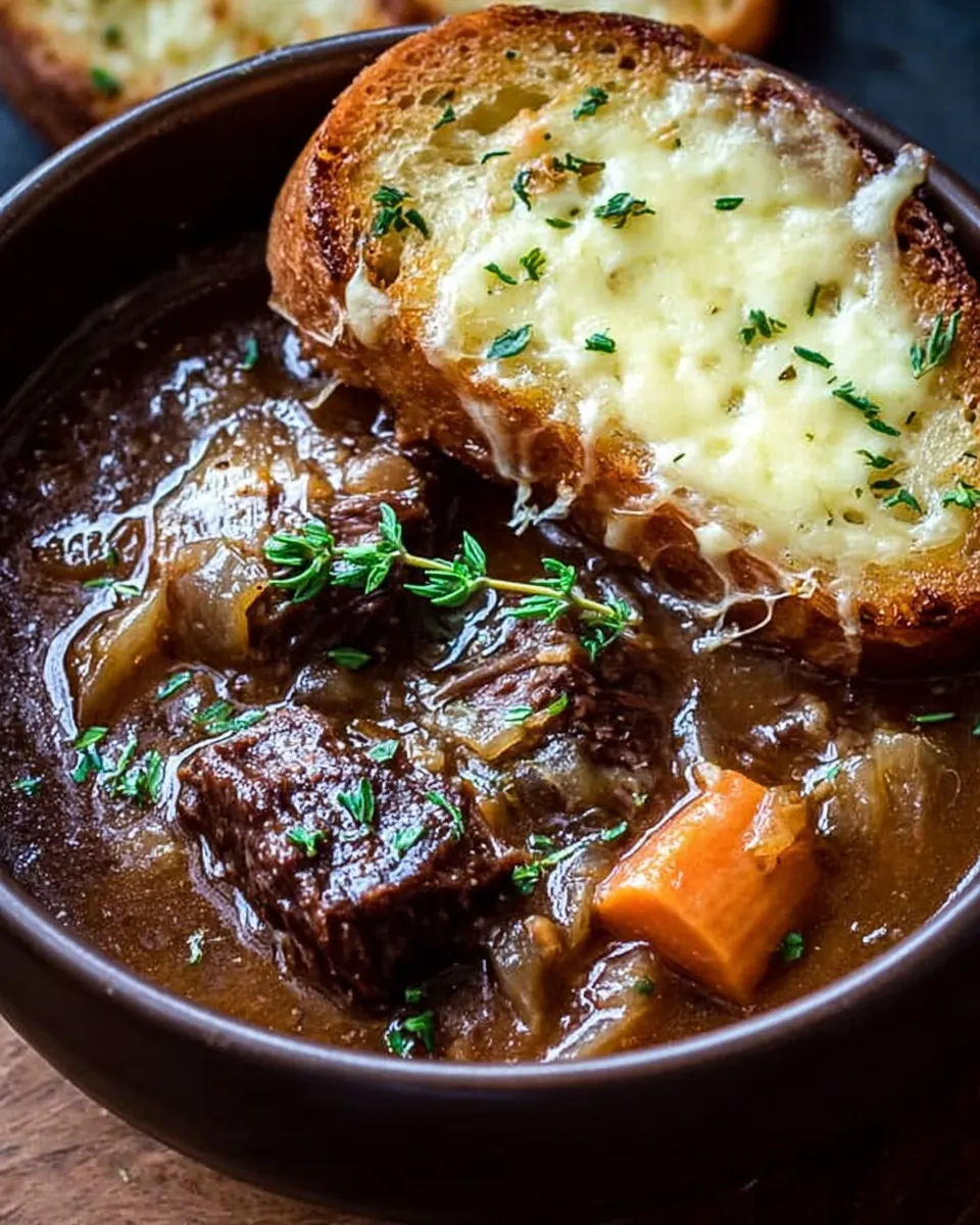 Bowl of French onion short rib soup topped with melted Gruyère cheese toast and fresh herbs, captured in warm, natural lighting.