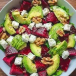 Fresh beet, avocado, and feta salad topped with walnuts