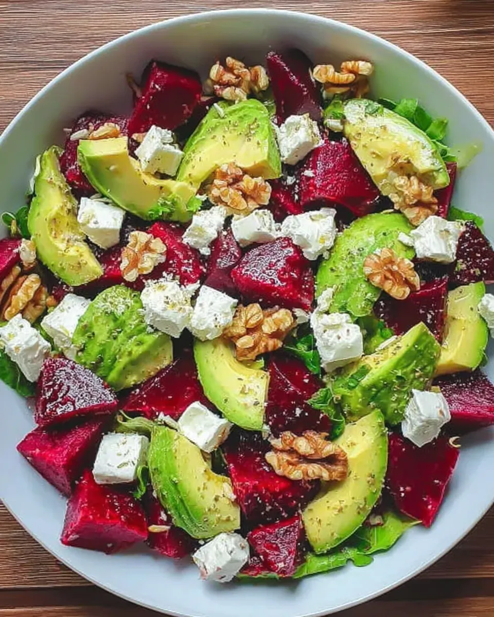 Fresh beet, avocado, and feta salad topped with walnuts
