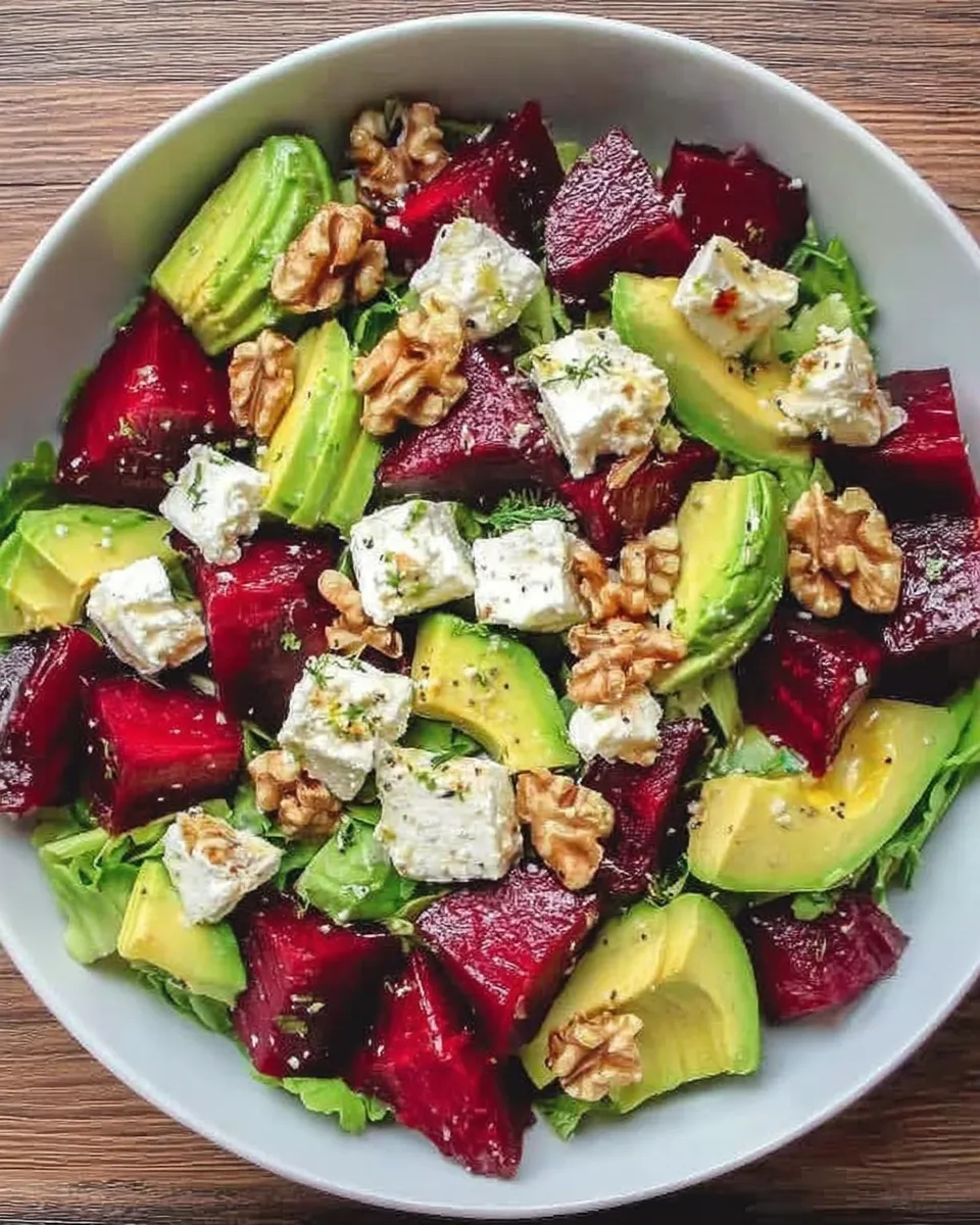 Fresh beet avocado feta salad with toasted walnuts on greens