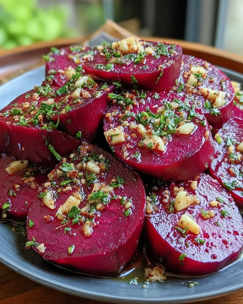 Garlic butter roasted beet slices on a tray