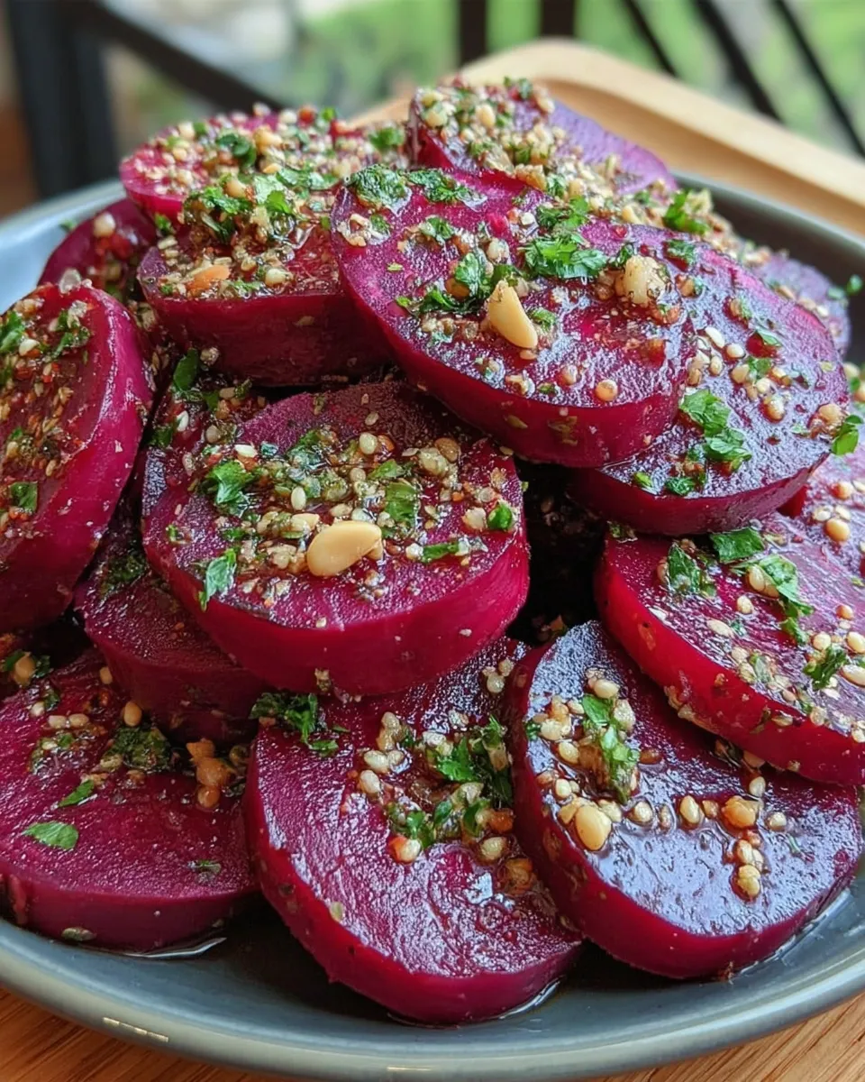 Thinly sliced garlic butter roasted beets on a white plate